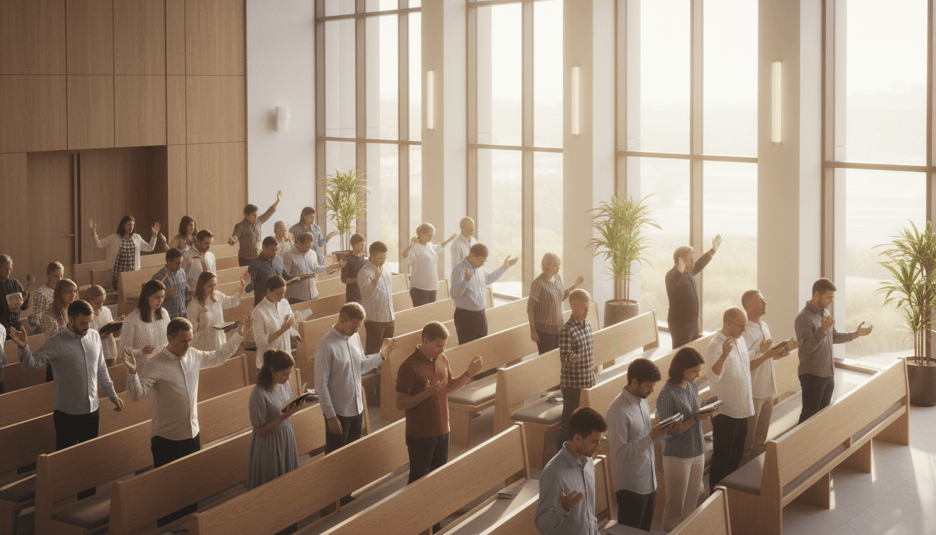 Diverse congregation worshipping together inside a bright church sanctuary