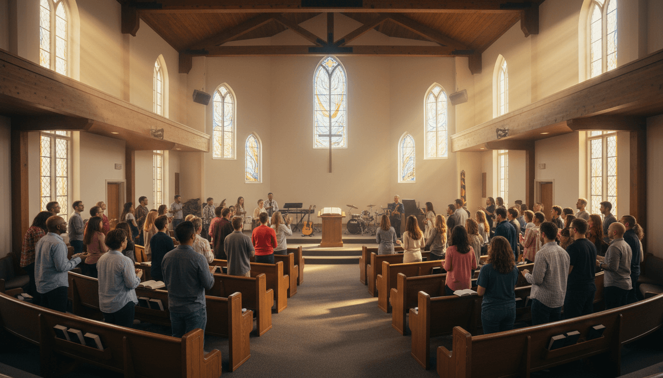 Worshippers gathered together in a warm and welcoming church sanctuary