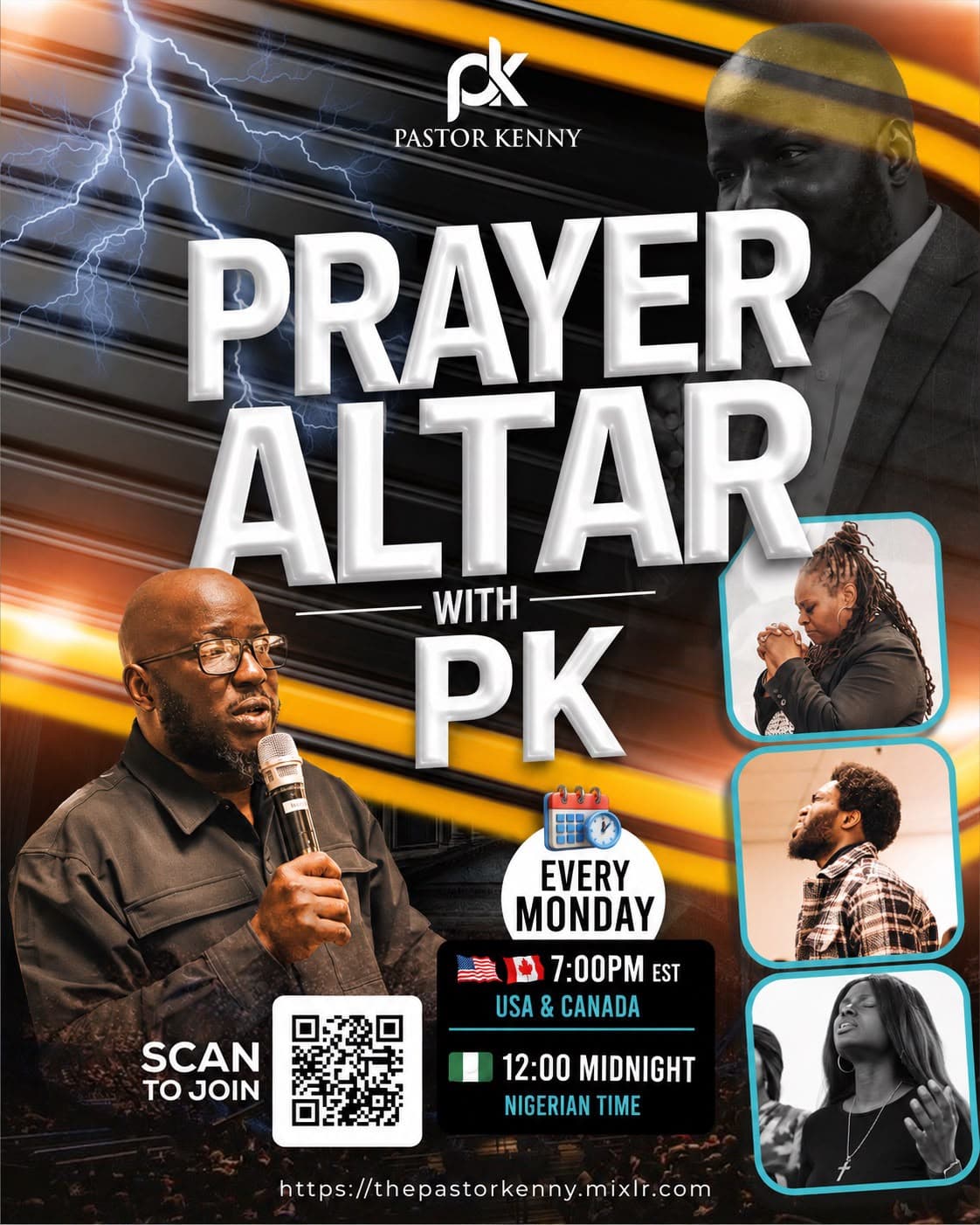 Promotional flyer for 'Prayer Altar with PK' featuring Pastor Kenny and individuals in prayer.