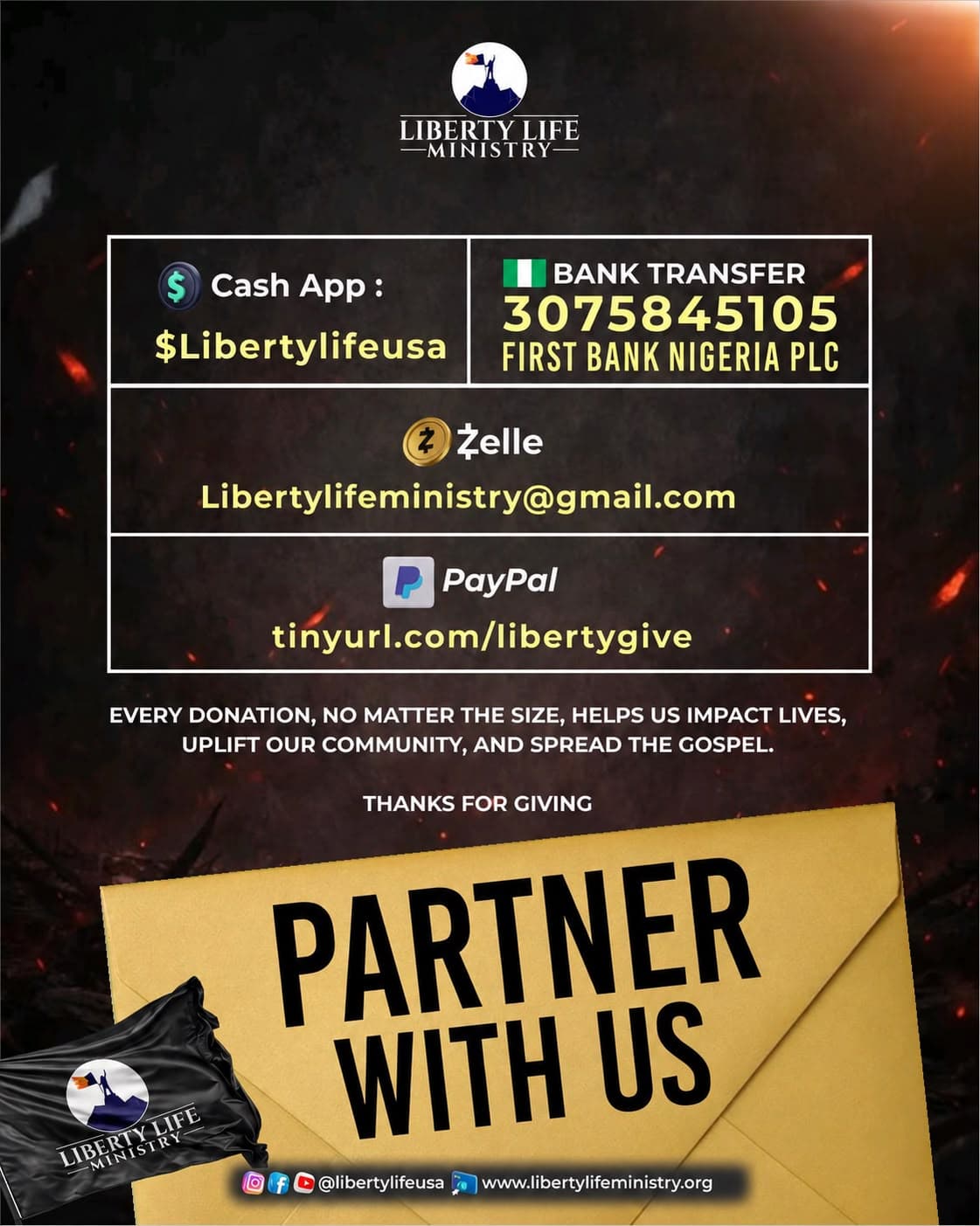 Liberty Life Ministry donation flyer listing Cash App, Zelle, PayPal, and bank transfer payment details.